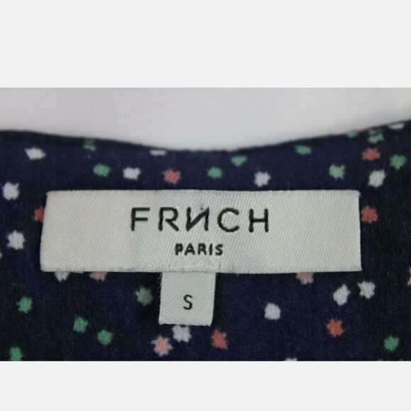 FRNCH COLD SHOULDER NAVY MULTI COLORED DESIGN RUFFLE CROP BLOUSE SIZE S - Picture 7 of 8